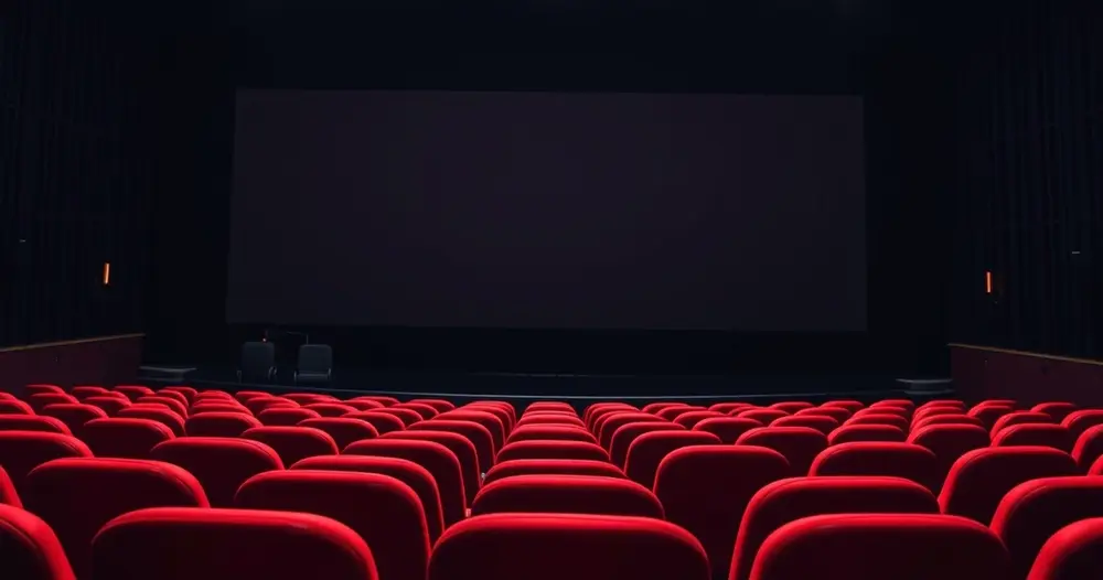tela de cinema escura e vazia com poltronas vermelhas em primeiro plano